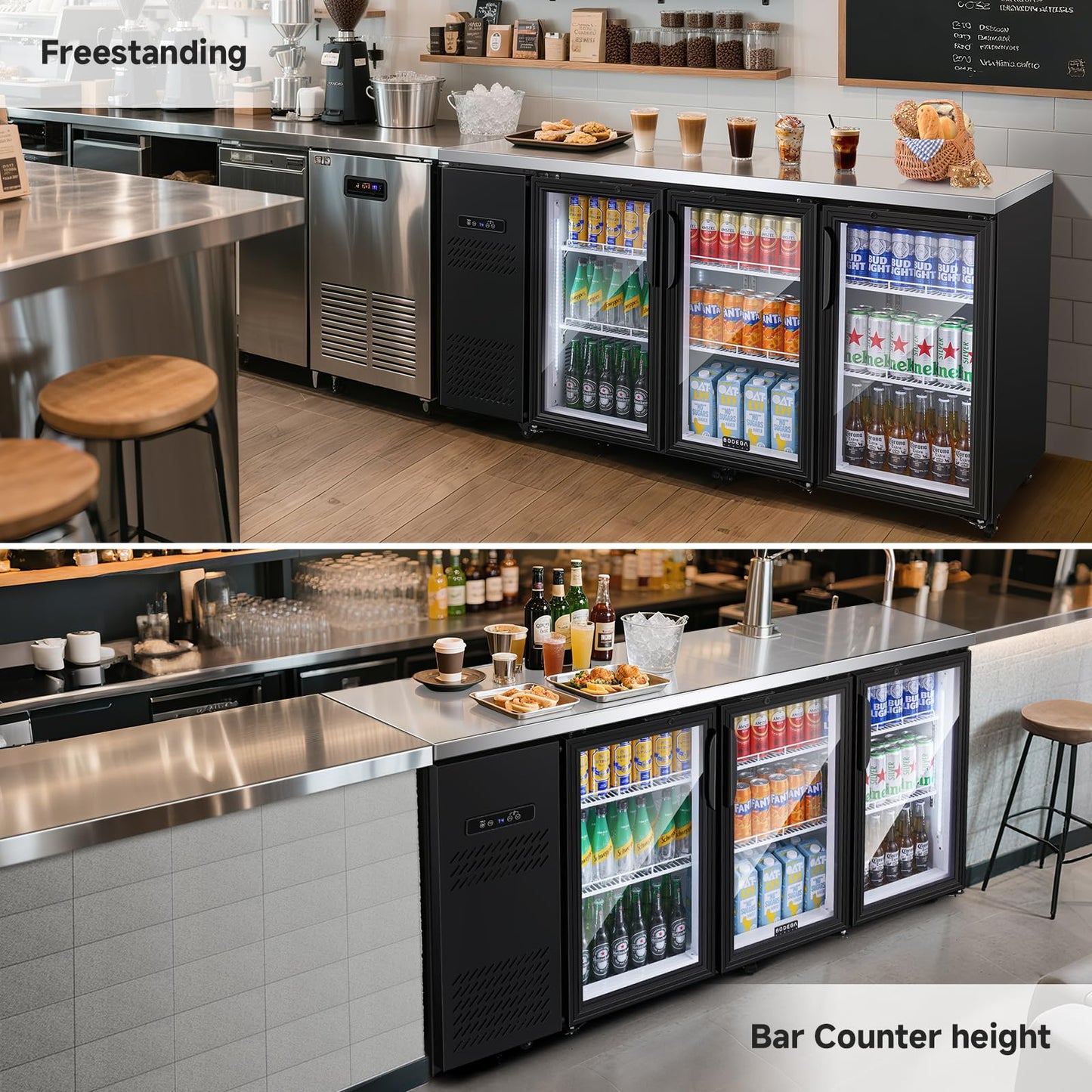 BODEGA BODEGACOOLER Commercial Bar Cooler with 3 Glass Doors, 20.5 Cu.Ft Back Bar Beverage Refrigerator for Beer Soda Wine,LED Lighting With Stainless Steel Top,Casters Kitchen Buffet Table Use