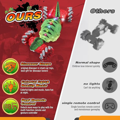 Remote Control CarDinosaur Toys car for Kids2.4GHz LED Gesture Sensing RC Car4WD Rotation RC Stunt Car with Lights and MusicDino Toys for Kids Ages 3 4 5 6 7 Gifts for Boys Girls(Red)