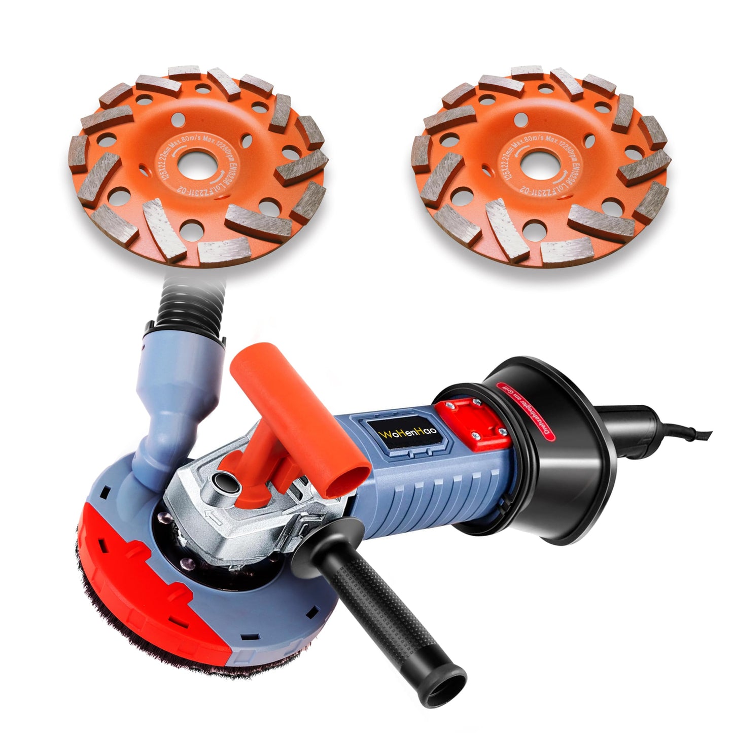 Wohenhao 5 Inch Concrete Planer 1500W with Dust Extraction Shroud and Diamond Cup Wheel, Floor Carpet Vinyl & Tile Adhesive Removal Machine (With x2 Grinding Wheel)