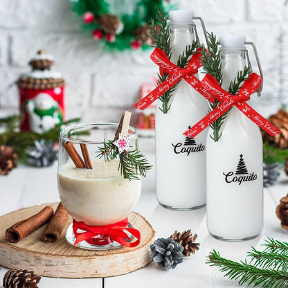 Sieral 12 Pack Christmas Coquito Glass Bottle 8oz Clear Flip Swing Top Beer Brewing Bottles with Ribbon and Artificial Branches for Liquids Wine Christmas Tree Xmas Gifts