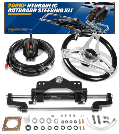 𝐔𝐩𝐠𝐫𝐚𝐝𝐞 200HP Hydraulic Outboard Steering Kit Boat Marine System with Electroplated Steering Wheel, Helm Pump, Hydraulic Cylinder, 26ft PU Hoses, Fit for Most Single Outboard-Powered Boats