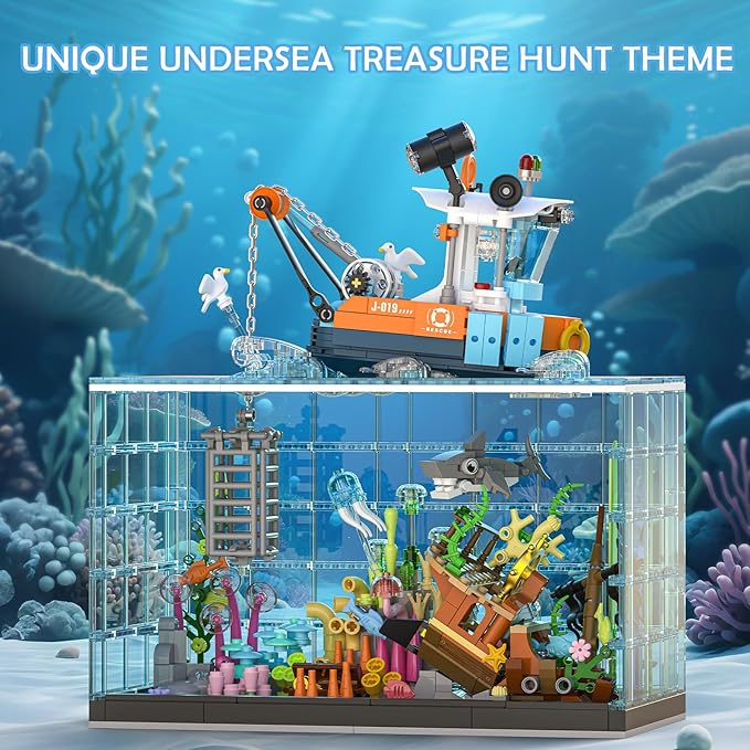 Fish Tank Building Blocks Set - 830PCS Ocean Treasure Hunt Building Set with Adventure Boat Shark Jellyfish &amp Coral Reef STEM Toys Birthday Christmas Building Blocks Gift Idea