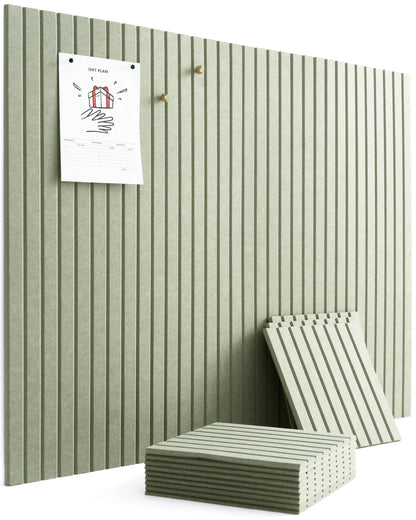VIVELDA Felt Bulletin Board Tiles 48"x36" - 12-Pack Cork Board Alternative, OEKO-TEX Certified, NRC 0.95 Acoustic Felt Wall Panels, Damage-Free Adhesive, Slatted Design, Home Office & Classroom (Sage)