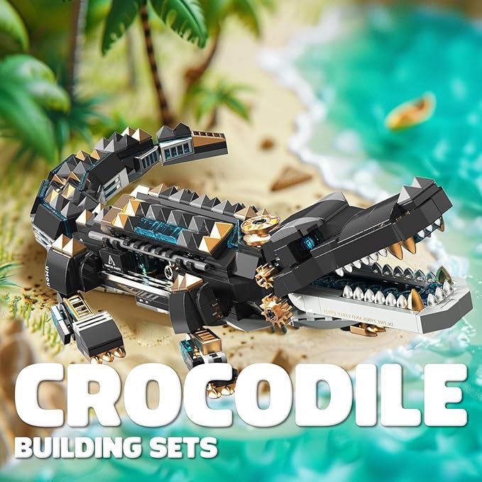 Mechanical Alligator Building Set 541 Pieces Steampunk Crocodile Model Kit with Golden Nameplate Articulated Swamp Beast Construction Toy Cyberpunk Bio-Animal Decor Gift for Adults Teens