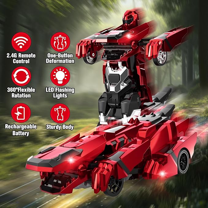 Dinosaur Transform Rc Cars 2.4Ghz Remote Control Car Transforming Robot with Flashing Light 360° Rotation One Button Deformation Car Toy Gifts for Boys Age 4-7 8-12