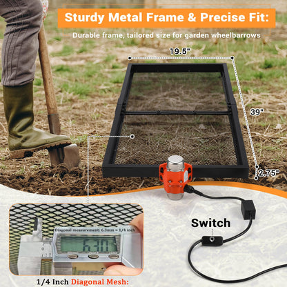Soil Sifter with 30W Motor, Metal Sifter for Rocks with Switch & Noise-Reducing Rubber Pads, Automatic 39" x 19.5" Large Compost Screen Sieve for Sand-Idea for Most Wheelbarrow Carts (Not Included)