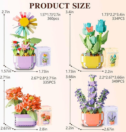 Mini Flower Bouquet Building Sets - Botanical Collection Artificial Flowers for Home Decor Creative Easter Gifts for Teens Girls &amp Adults (Chrysanthemum sunflower tulip lavender set of four)