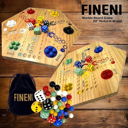 Wooden Board Games Marble Board Game Original with Dual Sides Fast Track Games for 2 to 6 Players Double Side Marble Boards 6 Colors 30 Marbles and 6 Color 6 Dice Pouch (20 Log)