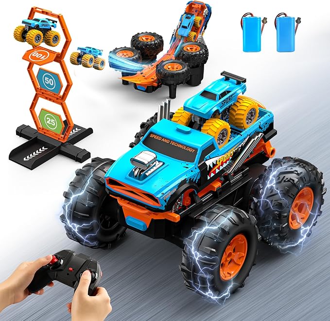 2-in-1 Remote Control Car with Transform Launcher Track – 1:16 RC Monster Truck Toys 2.4GHz Self-Standing 360° Flips Towing Mini Cars &amp Electric Scoring Gate Truck Gift for Kids Boys Girls Age 4-