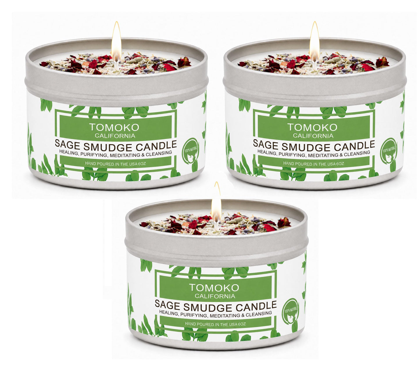 TOMOKO White Sage Scented Candle with Rose, Lavender! Healing, Purifying, Meditating & Cleansing (White Sage, 3 Pack)