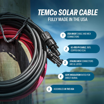 TEMCo Solar Panel Extension Cable 8 AWG 100 Ft Red + 100 Ft Black w/Staubli MC4 Connectors