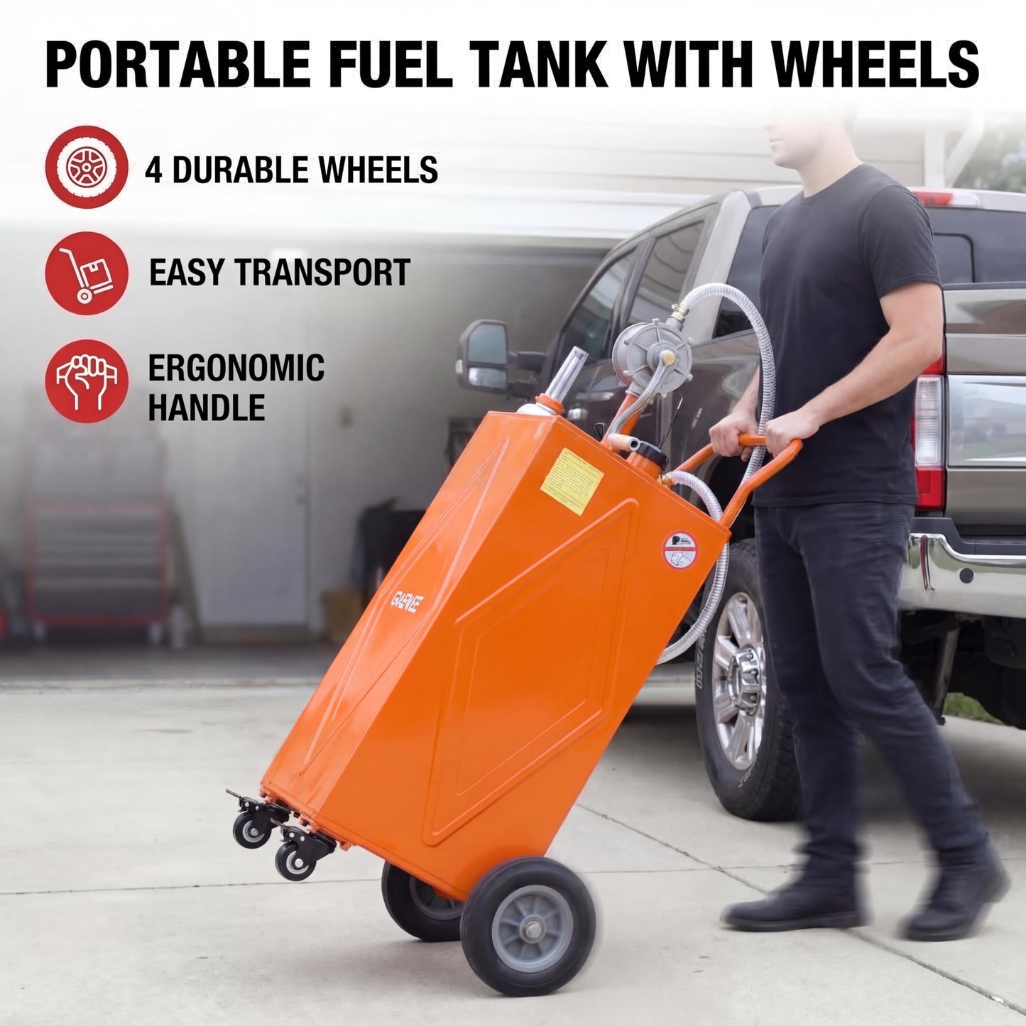 Garvee 35 Gallon Portable Fuel Caddy with Manual Rotary Pump, Heavy-Duty Steel Transfer Tank on 4 All-Terrain Wheels, Mobile Gas & Diesel Storage Container for Trucks, Boats, ATV, Lawn Mower - Orange