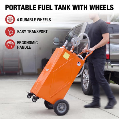 Garvee 35 Gallon Portable Fuel Caddy with Manual Rotary Pump, Heavy-Duty Steel Transfer Tank on 4 All-Terrain Wheels, Mobile Gas & Diesel Storage Container for Trucks, Boats, ATV, Lawn Mower - Orange