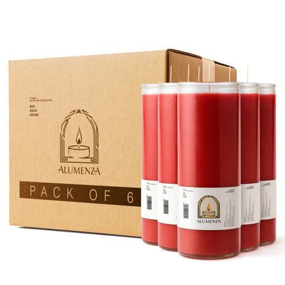 Alumenza Bulk 6 Pack Red 7 Day Candles in Glass Jar – Paraffin Wax, Clean Burning Unscented | Large & Tall Devotional Prayer Pillar Candles for Home, Memorial, Spells, Long Lasting