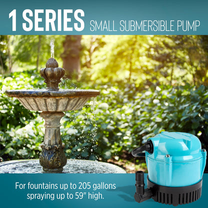 Little Giant #1 115 Volt, 1/150 HP, 205 GPH Direct Drive Small Submersible Fountain Pump with 6-foot cord, Blue, 501003