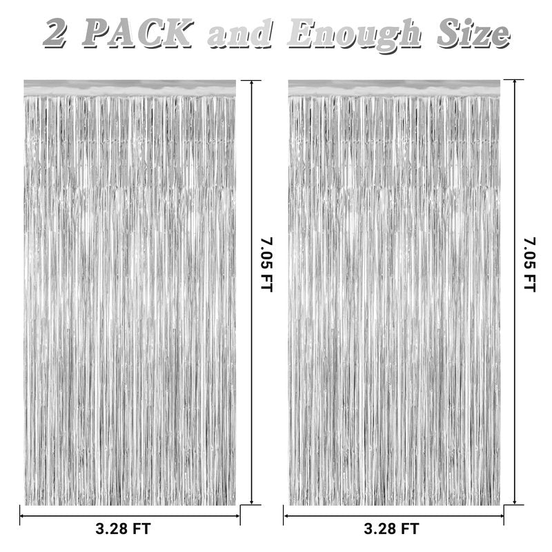 2 Pack Tinsel Backdrop, 3.28 FT x 7.05 FT Birthday Party Decorations, Silver Party Streamer Fringe Curtains Foil Backdrop, Metallic Silver Photo Props Party Supplies Party Decor