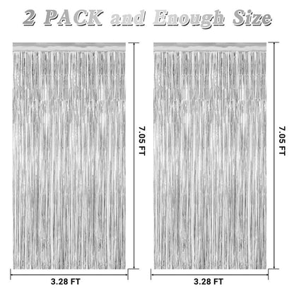 2 Pack Tinsel Backdrop, 3.28 FT x 7.05 FT Birthday Party Decorations, Silver Party Streamer Fringe Curtains Foil Backdrop, Metallic Silver Photo Props Party Supplies Party Decor