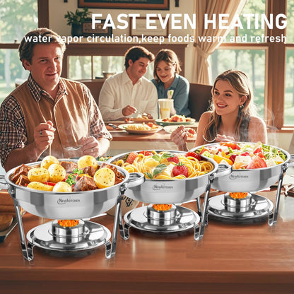 NEWKITCHEN Chafing Dishes for Buffet 4 Pack, 5 QT Round Chafing Dishes for Buffet [Elegant Silver Colors] Stainless Steel Chafing Dish Buffet Set for Any Party