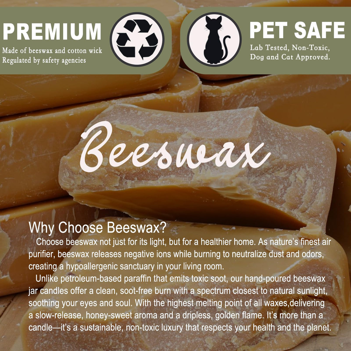 Organic Beeswax Candles in Glass Jar, 100% Pure Beeswax Jar Candles, 2-Wick Unscented Bees Wax Candle for Home, Gifts for Women & Men, Non Toxic, Natural, 40 Hour