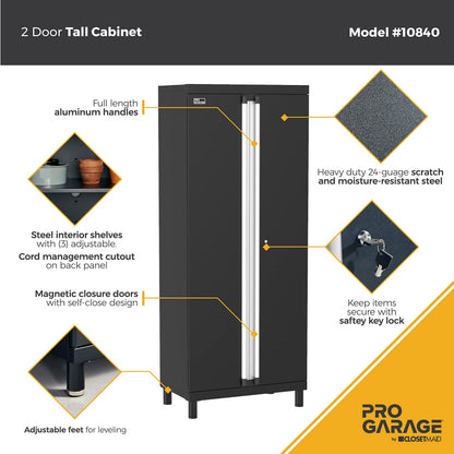 ClosetMaid ProGarage Tall Cabinet with Two Doors, Lock and Adjustable Shelves, for Garage Storage, Heavy Duty Steel, Black