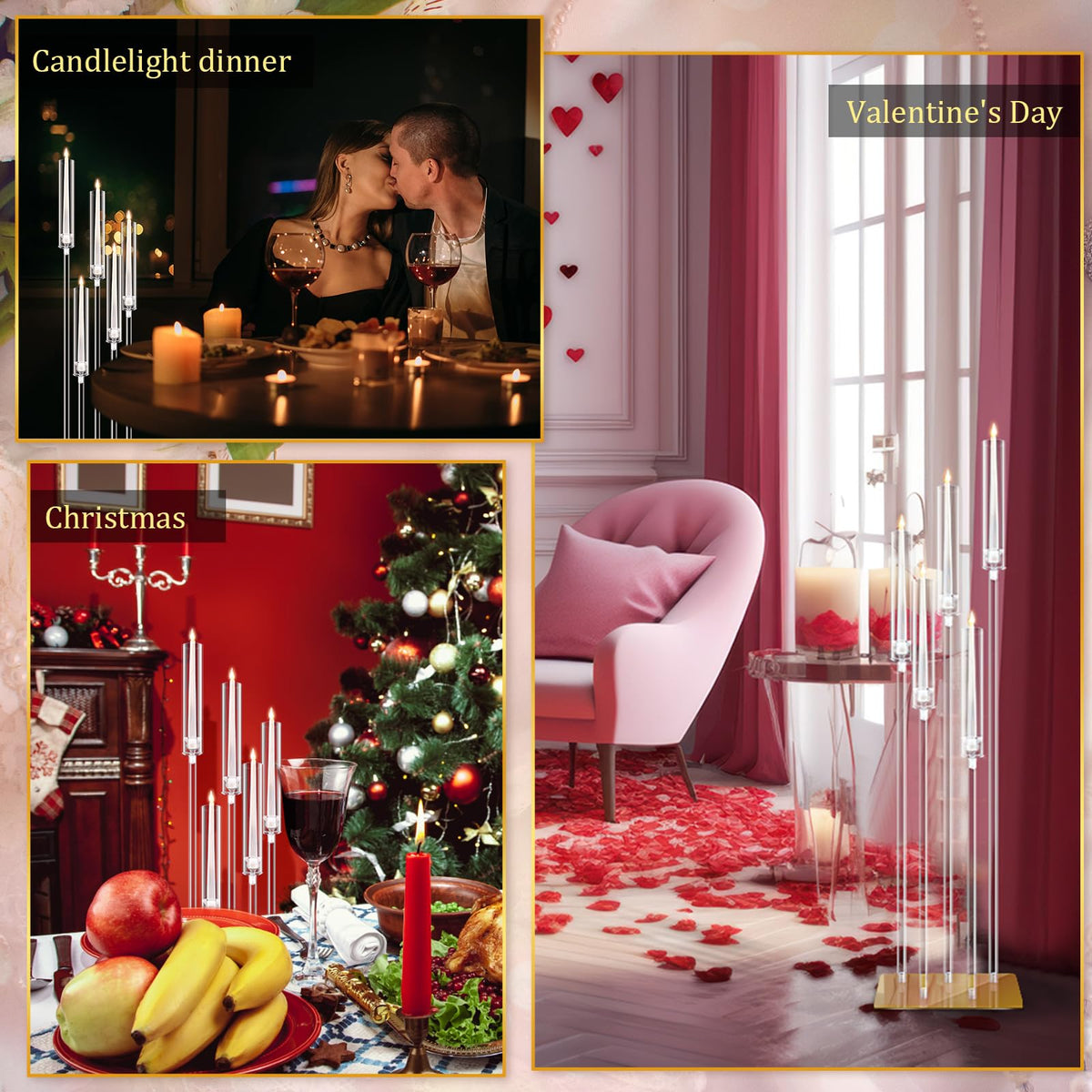 4 Set Floor Candelabra 5 Arm 46.5'' Tall Acrylic Candle Holders Tables Candelabra Centerpieces Wedding Candlestick Set with Clear Lampshade Gold Metal Base for Ceremony Party Home Decoration
