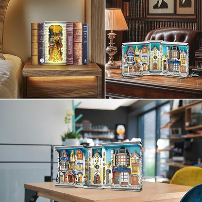 Reobrix Medieval Architecture Book Nook Building Set with Lights European Century Street View Bookshelf Insert Decor Bookshelf Diorama Building Blocks Kit DIY Miniature House Model Kit
