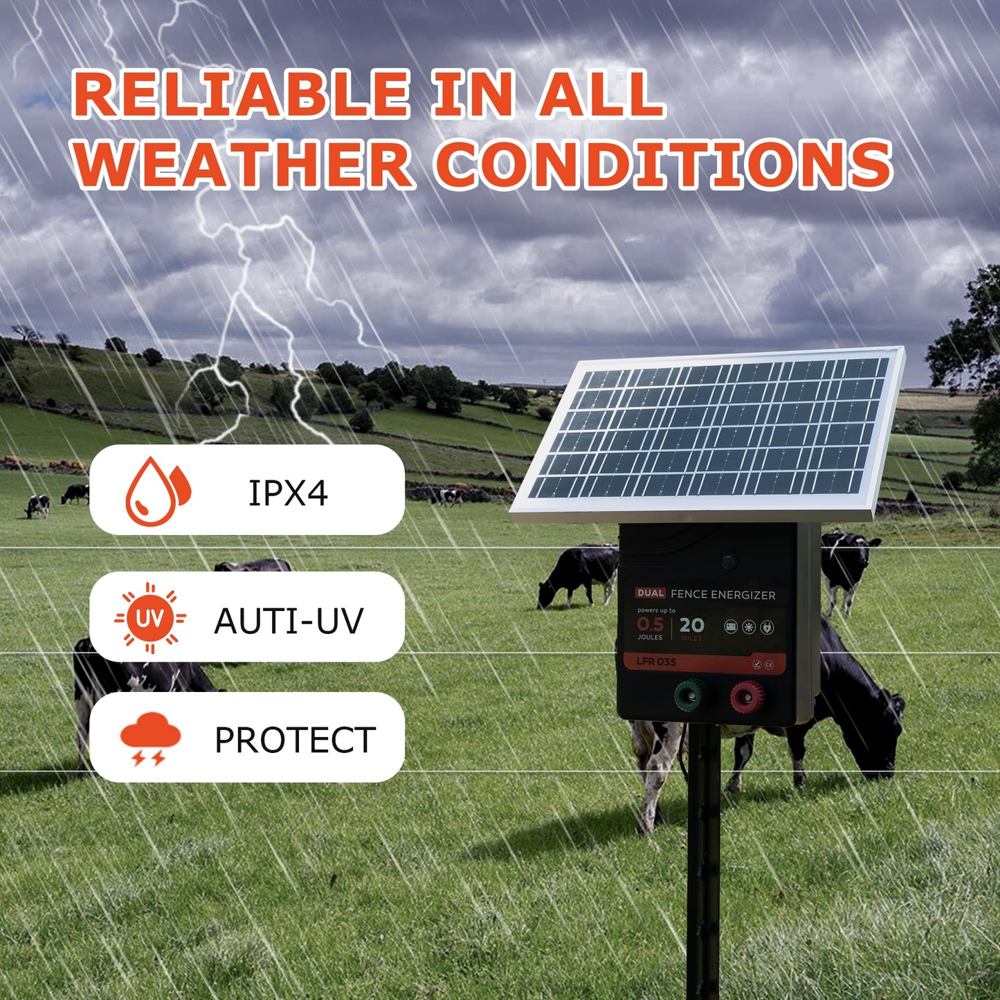 20 Miles Solar Electric Fence Charger, 0.5 Joule Portable Solar Fence Charger, Solar Electric Fence Kit, with 10W Solar Panel