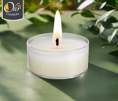 Ohr Tealight Candles in Clear Cup - 50 Pack Bulk Tea Lights Candles - White Tealights Unscented - 4 Hour Burn Time