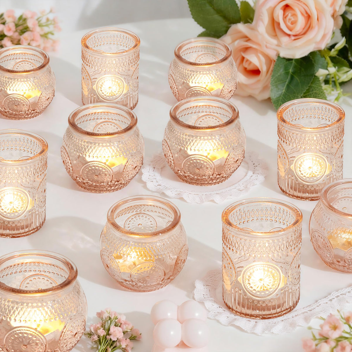 WELLIFE 24-Piece Pink Glass Votive Candle Holders Set – Tealight Candle Holder Glass Bulk with 12 Round & 12 Sunflower Textured Cups, Pink Votive Candle Holders for Weddings, Parties, Home