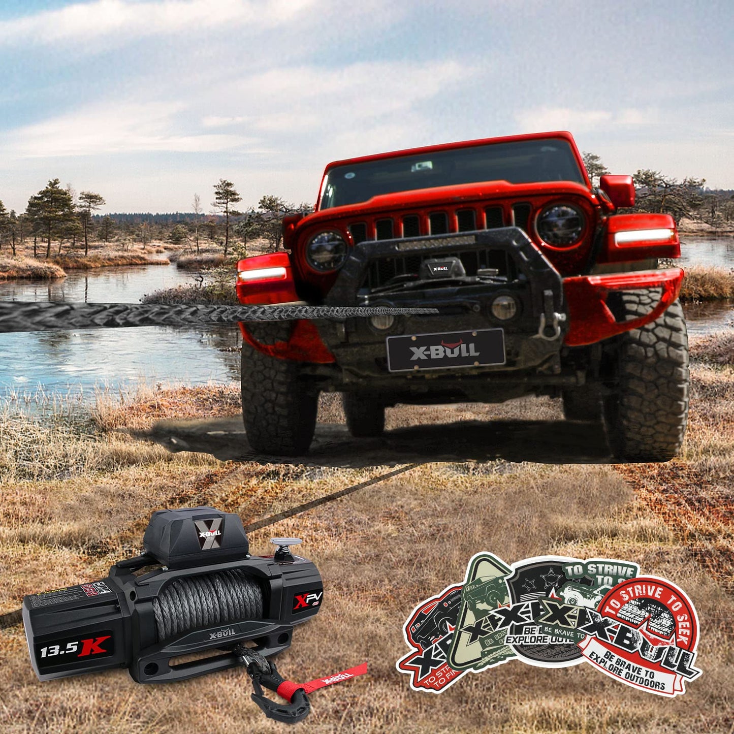 X-BULL Synthetic Winch Rope - Cable Kit -1/2" X 85ft 32000LBS Winch Line with Protective Sleeve Forged Winch Hook Safety Pull Strap go for 4WD Off Road Vehicle Truck SUV ATV UTV- Black