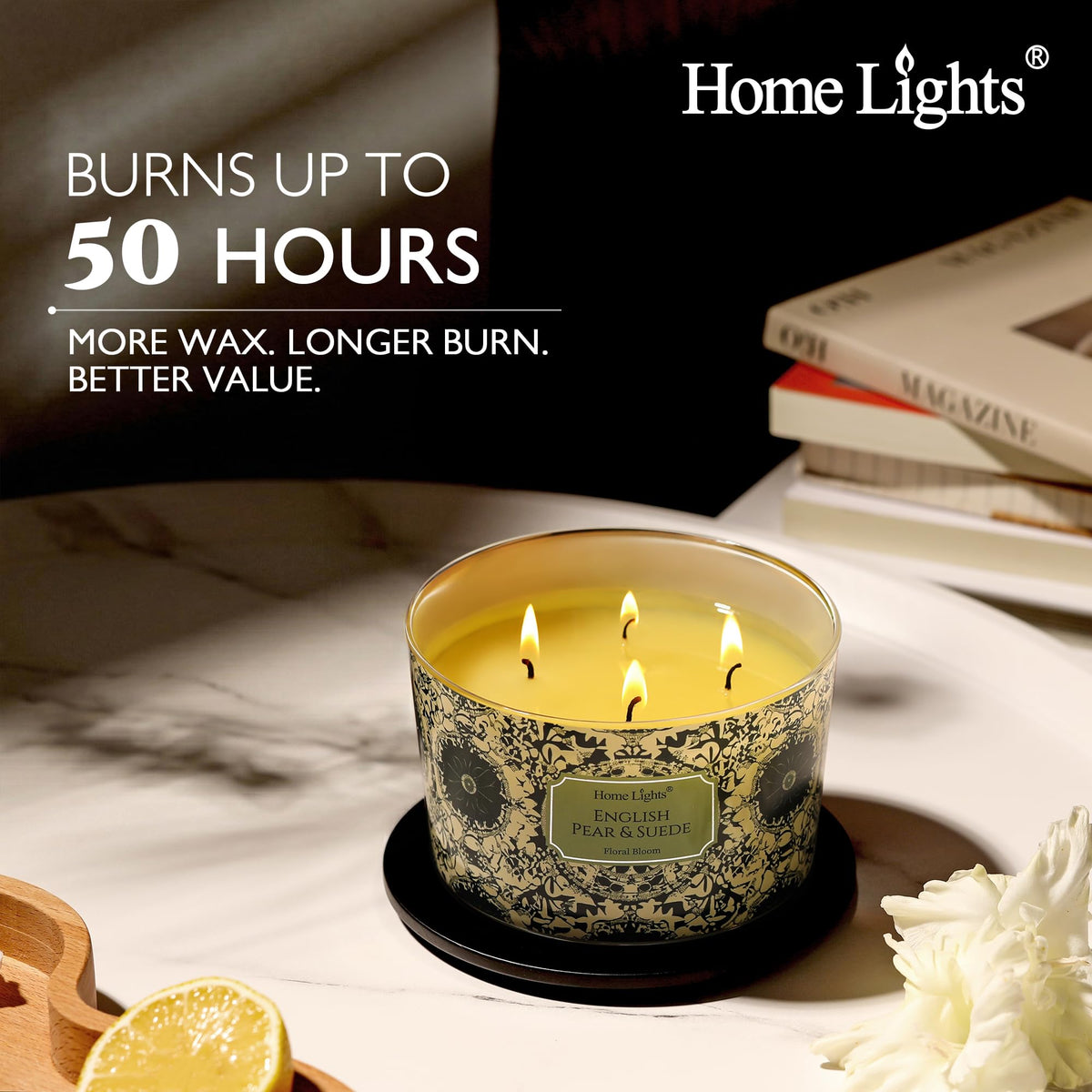 HomeLights Soy Wax Candles for Home Scented, 4-Wick Candles in English Pear & Suede Scented, Aromatherapy Candles Gift for Parties, Relaxing, Bohemian Natural Textures, 18oz