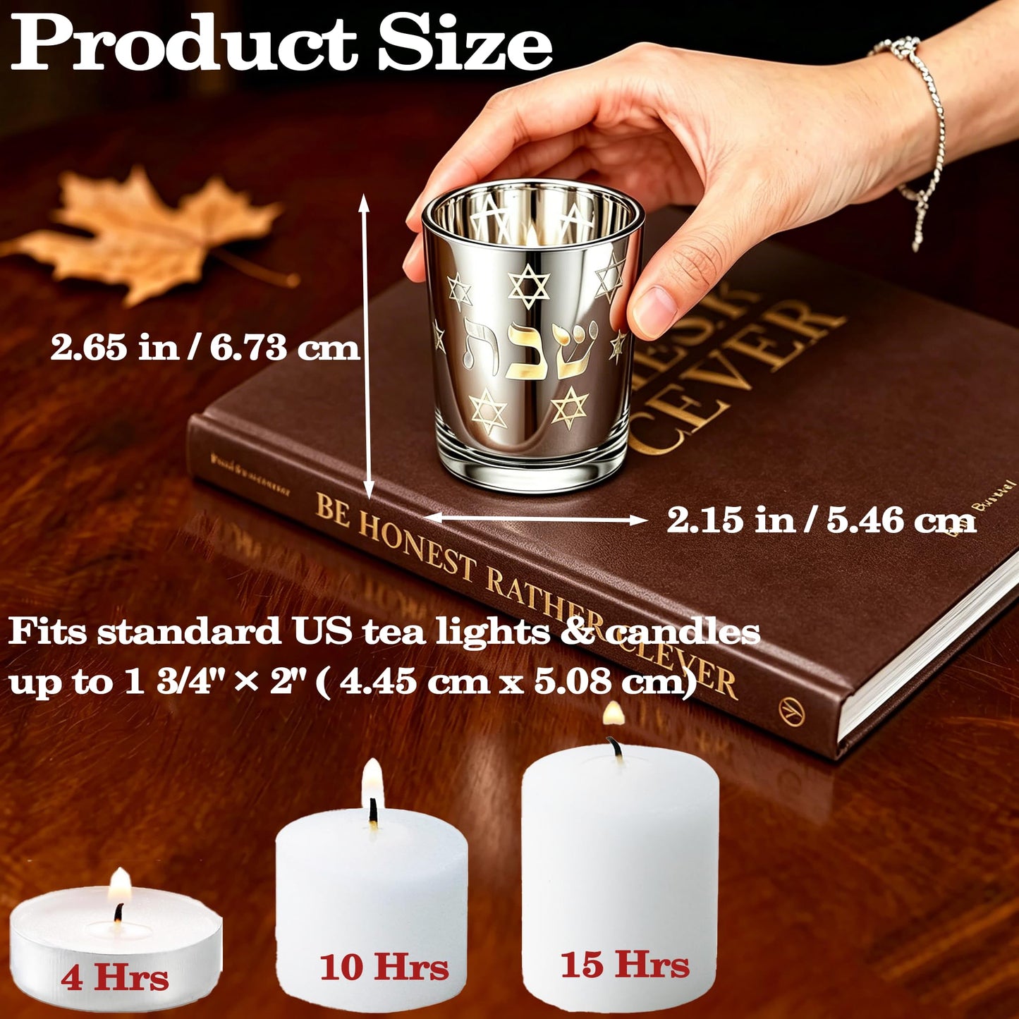 ZIVOSELY Set of 2 Glass Shabbat Candle Holders, Thickened Heat-Resistant Electroplated Glass Tea Light Holders for Jewish Judaica Sabbath Hanukkah Gifts, Gold & Silver