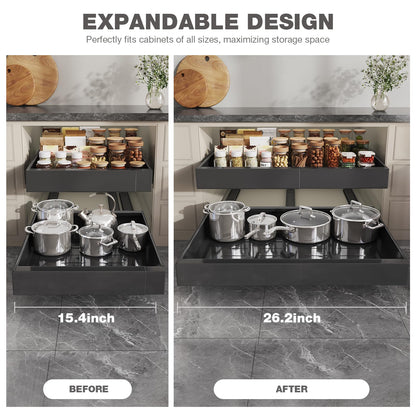 Seinloes 4 Pack Pull Out Cabinet Organizer 21" Deep,Full Extension 3 Slide Rails Slide Out Drawers With Raising Pad for Framed Cabinets,Expandable Width (15.4"-26.2"),No Drill Roll Out Shelves,Black