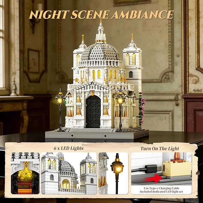 Reobrix Venice Church Building Block Sets for Adults with Lights 55014 Landmark Architecture Venice Santa Maria Della Salute Church Model Collectible Italy Landmark Building Toy for Adullt (4270PCS)
