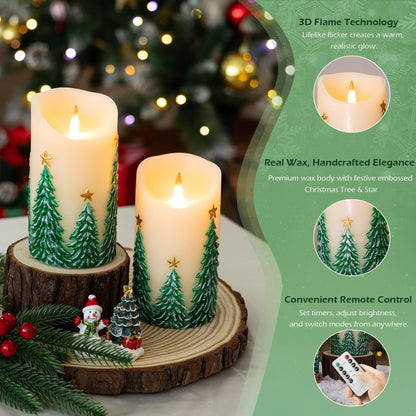 SEHNSY Christmas Tree Flameless Candles with Remote and Timer, Real Wax LED Pillar Candle with Flickering Flame, Embossed Design, Battery Operated Candles Xams Holiday Home Décor