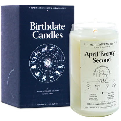 Birthdate Candles, April 22 - Taurus Zodiac Scented Candles Birthday Gift - Cedar, Sandalwood & Eucalyptus Scent - All-Natural Soy & Coconut Wax, 60-80 Hour Burn Time - Made in USA