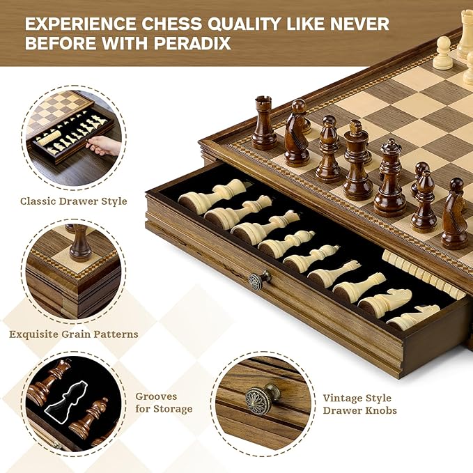 Peradix Magnetic Chess Checkers Board Sets with 2 Built-in Storage Drawers12.8 Classic 2 in 1 Wooden Games with 2 Extra Queens for Kids and AdultsTravel Portable Chess Game Set