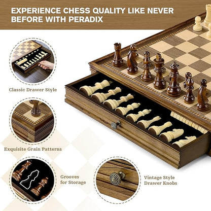 Peradix Magnetic Chess Checkers Board Sets with 2 Built-in Storage Drawers15 Classic 2 in 1 Wooden Games with 2 Extra Queens for Kids and AdultsTravel Portable Chess Game Set