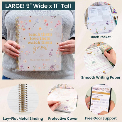 bloom daily planners New Undated Academic Year Teacher Planner & Calendar with Frosted Protective Cover - 7 Period Lesson Plan Organizer Book (9" x 11") - Teach Them Love Them