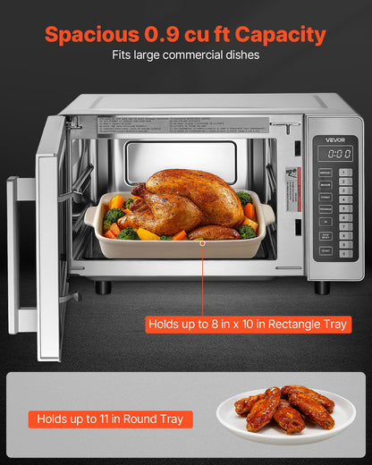 VEVOR Commercial Microwave Oven, 0.9 Cu Ft, 1000W Digital Stainless Steel Countertop Microwave Oven with Touchscreen, 10 Cooking Presets, 5 Power Levels, Multi-Lock Door & Easy Clean for Restaurants