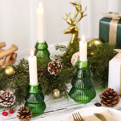 Leinuosen 4 Pcs Christmas Tree Candle Holder Green Glass Candlestick Holder for Taper Candle Stand Modern Green Candlestick for Christmas Holiday Table Centerpiece Mantel Home Room Party Decor Gift