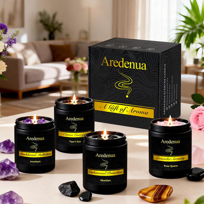Aredenua Scented Candles Set, 4 Pack Crystal Healing Candles with Rose Quartz Amethyst Tiger Eye Obsidian, 7oz Natural Soy Wax Candles, Lavender Citrus Sandalwood Cedar, Meditation Gifts for Women Men