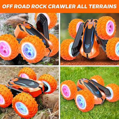 Remote Control Car 2.4GHz Electric Race Stunt Car Double Sided 360° Rolling Rotating Rotation LED Headlights RC 4WD High Speed Off Road Gift for 3 4 5 6 7 8-12 Year Old Boy Toys (Orange)