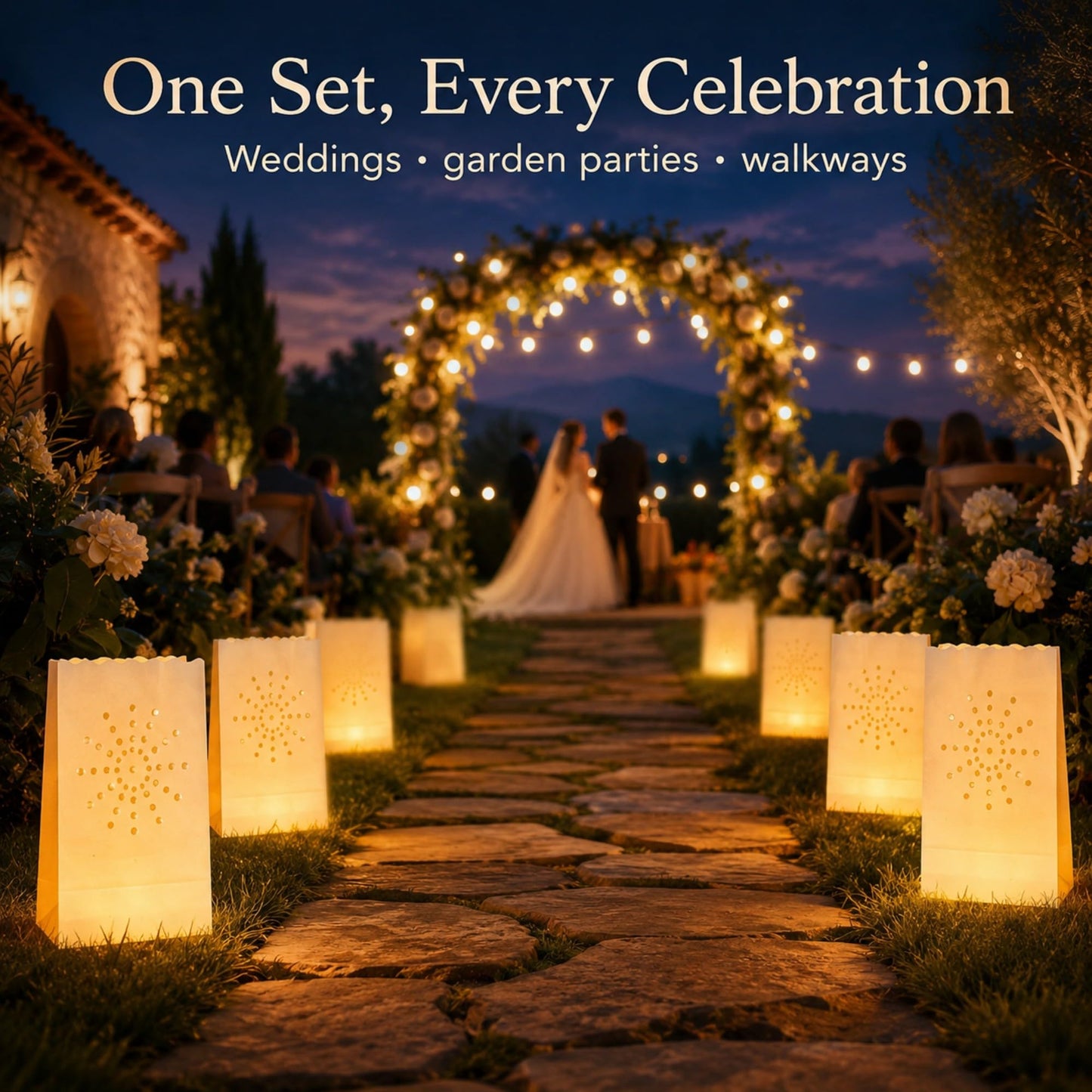 AceList 30 Sunburst Luminary Bags with Flameless Candles & Batteries - Reusable Outdoor Luminaries for Christmas Driveway, Walkway & Party - Moisture-Resistant Coated Paper Lanterns Set
