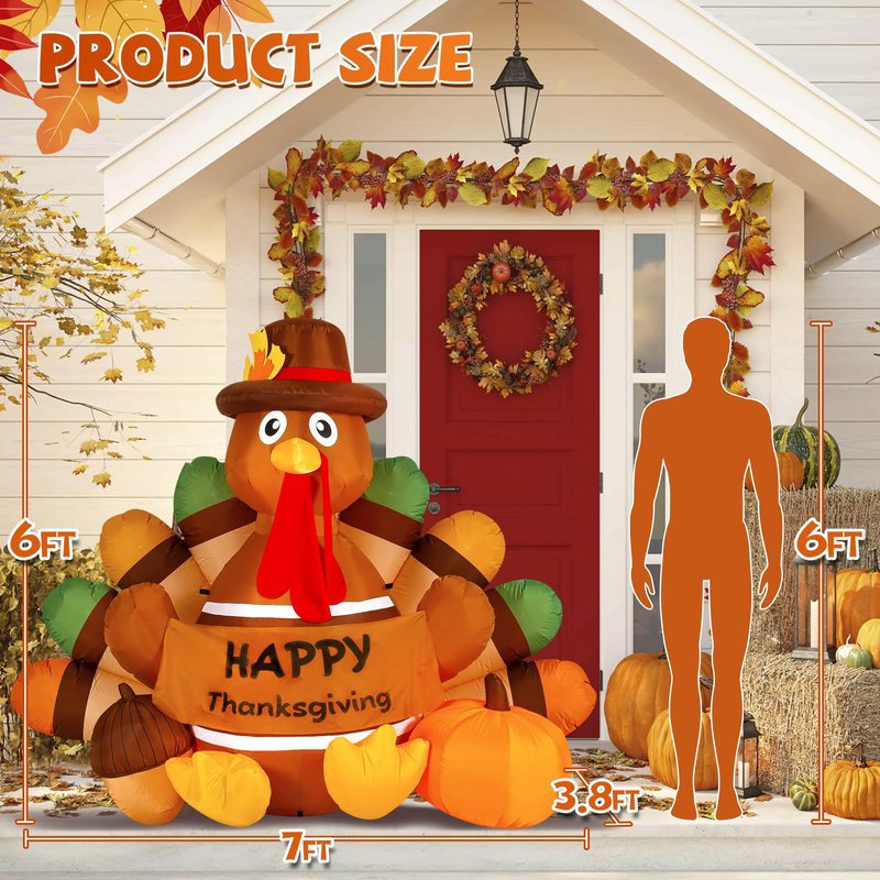 Loninak 6 Ft Thanksgiving Inflatable Decoration, Happy Thanksgiving Turkey Built-in LED Lights, Outdoor Blow Up Yard Fun Decor, for 2025 Halloween Lawn Decor