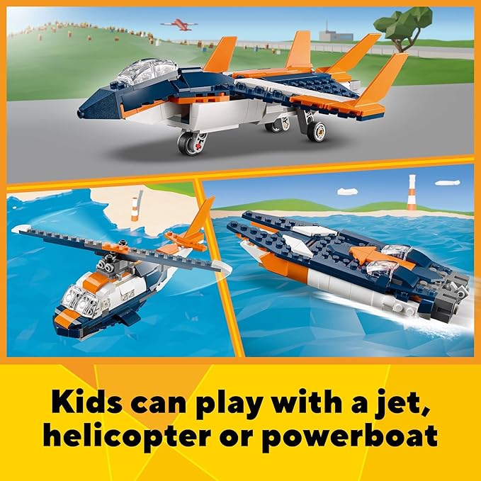 LEGO Creator 3 in 1 Supersonic Jet Plane Toy Set Transforms from Plane to Helicopter to Speed Boat Toy Buildable Vehicle Models for Kids Boys and Girls 7 Plus Years Old 31126