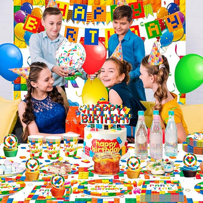 Building Blocks Birthday Party Supplies 10 Guests Building Blocks Tableware Set Building Blocks Party Plates Napkins Backdrop Balloons etc Building Block Party Decorations