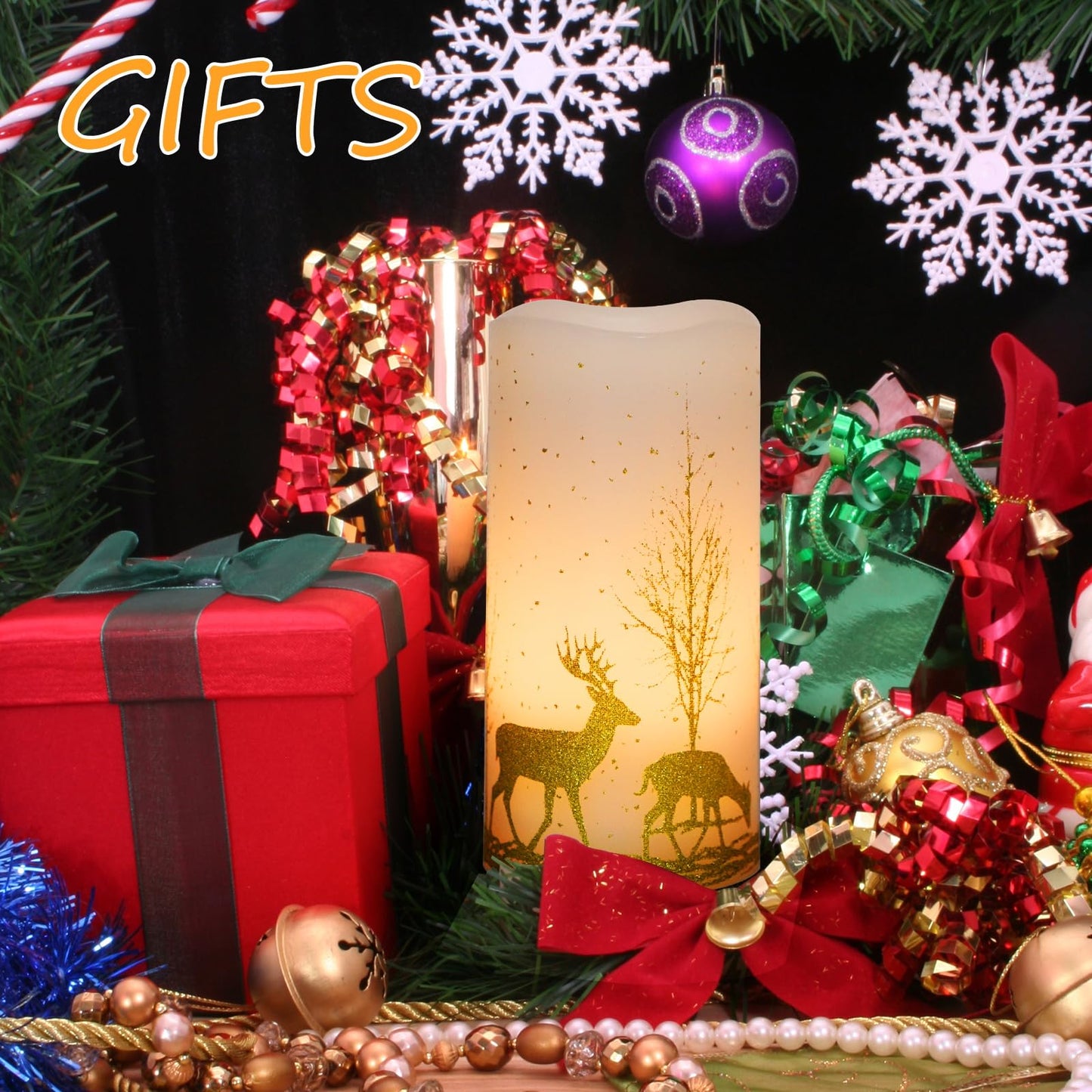 2Pack Christmas LED Flickering Flameless Candles, Battery Operated Wax Candles with Timer Remote, Flameless Pillar Candles with Forest Deer Decal for Home Decorations Christmas Gifts [Gold, 3"X6"]