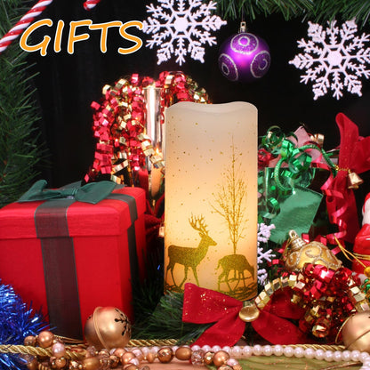 2Pack Christmas LED Flickering Flameless Candles, Battery Operated Wax Candles with Timer Remote, Flameless Pillar Candles with Forest Deer Decal for Home Decorations Christmas Gifts [Gold, 3"X6"]