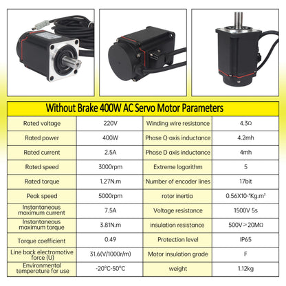 XUNKUNER AC Servo Motor Kit, AC220V 3000rpm L3000 17-bit Encoder RS485 Servo Motor Driver Controller Kit for CNC(400W Without Brake)